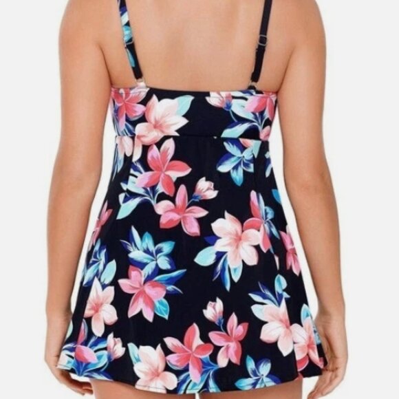 NWT! Swim Solutions Multi Color Floral Slimming One Piece Swimdress Swimsuit NEW - Picture 2 of 3